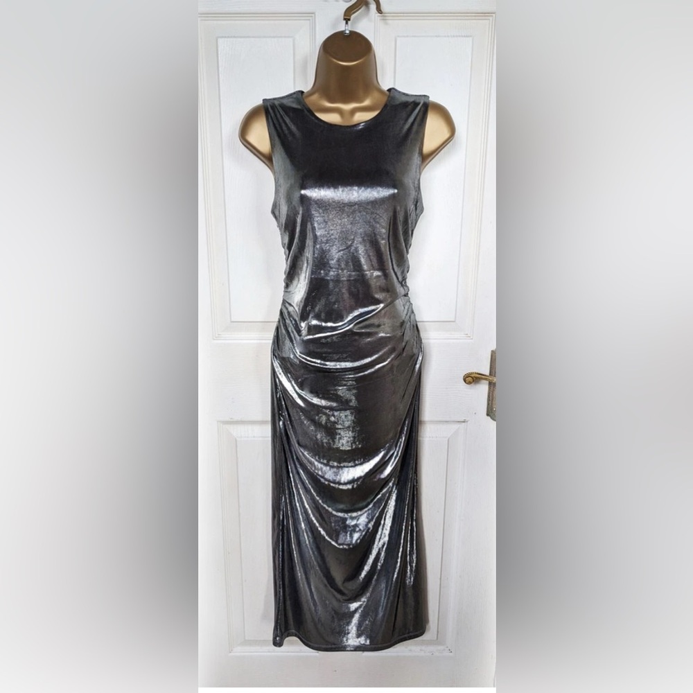 RITA ORA X PRIMARK Metallic Silver Ruched Midi Dress Limited Edition, Sz S NWT